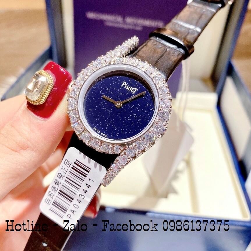 Đồng Hồ Piaget Nữ Dây Da Đen Mặt Xanh Đính Đá 32mm