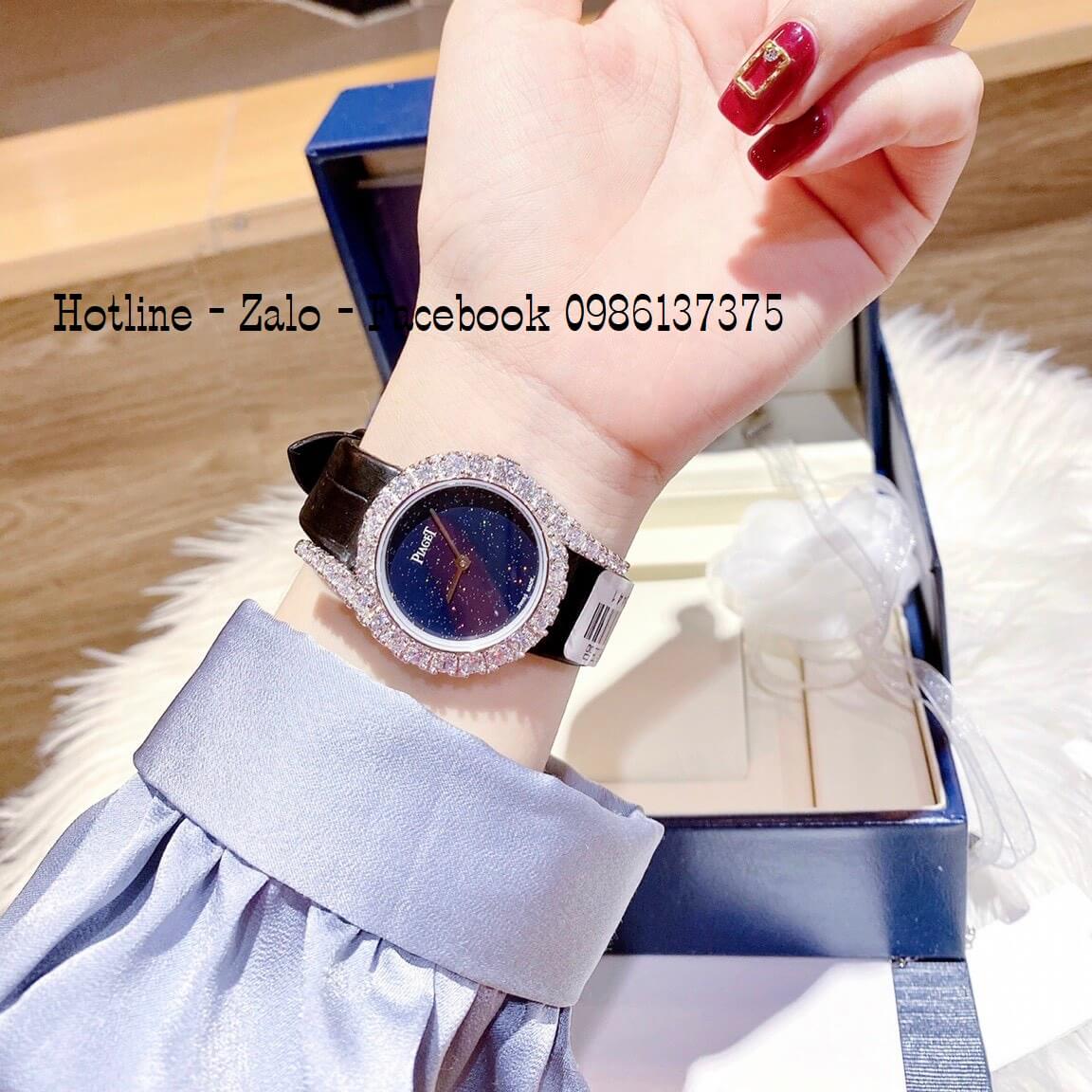 Đồng Hồ Piaget Nữ Dây Da Đen Mặt Xanh Đính Đá 32mm