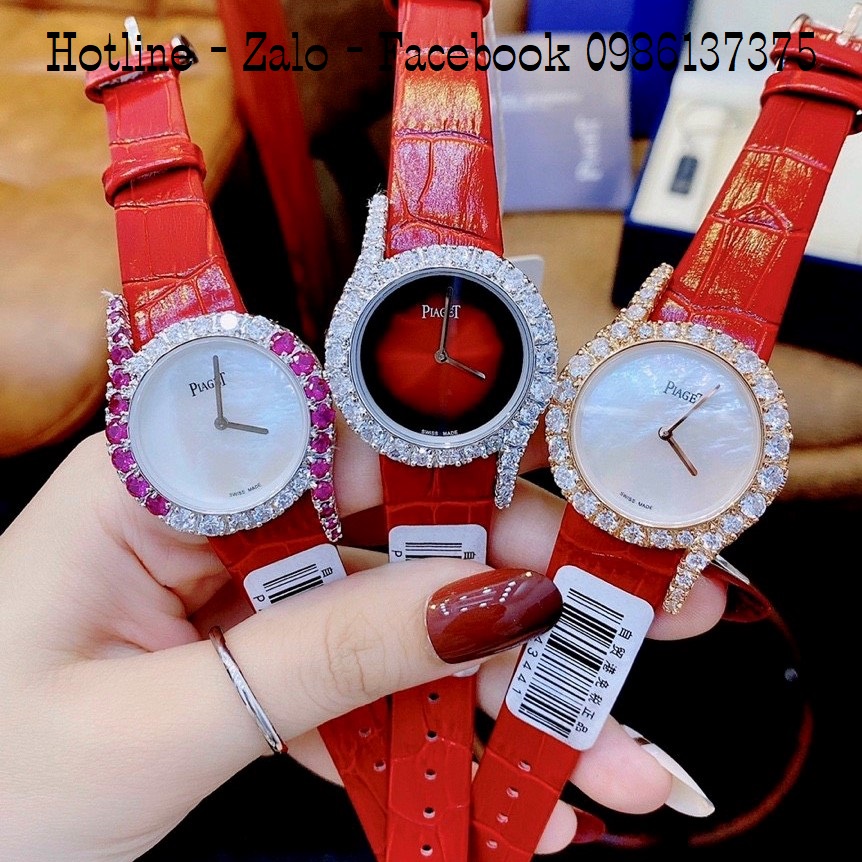 Đồng Hồ Piaget Nữ Dây Da Đỏ Mặt Xà Cừ Trắng Đính Đá Hồng Size 32mm