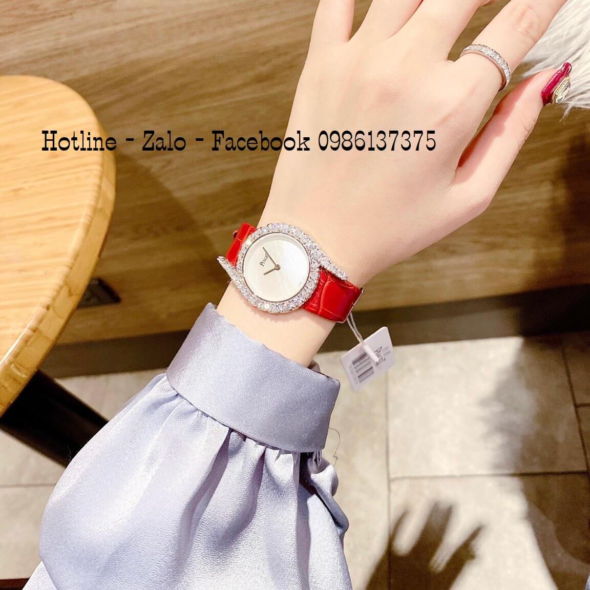 Đồng Hồ Piaget Nữ Dây Da Đỏ Mặt Trắng Đính Đá Size 32mm