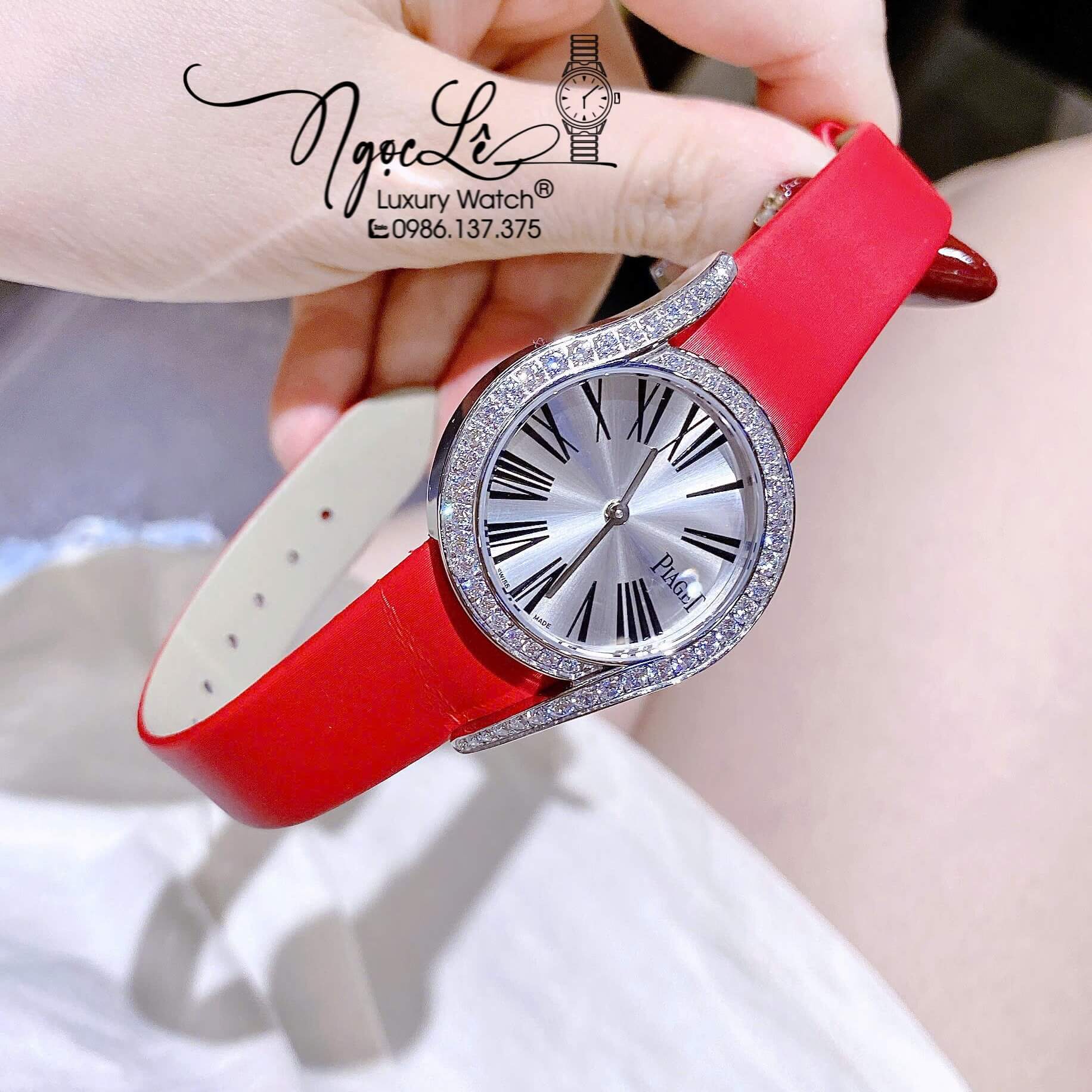 Đồng Hồ Piaget Nữ Dây Da Lụa Màu Đỏ Mặt Số La Mã Đính Đá Size 32mm