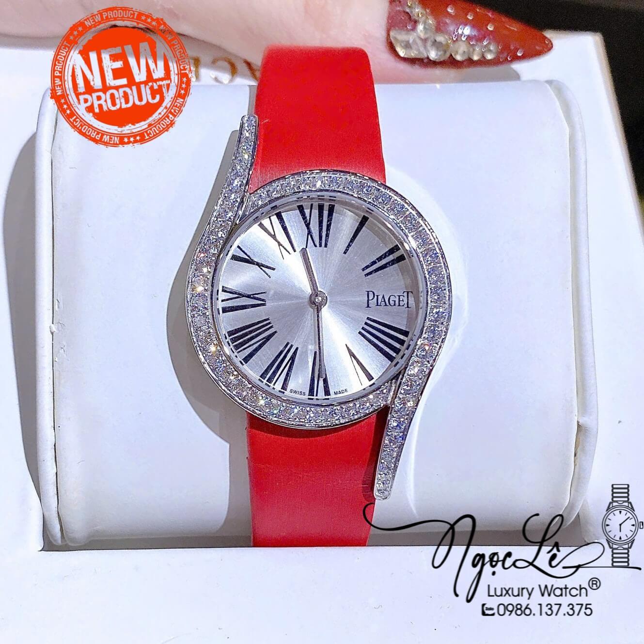 Đồng Hồ Piaget Nữ Dây Da Lụa Màu Đỏ Mặt Số La Mã Đính Đá Size 32mm