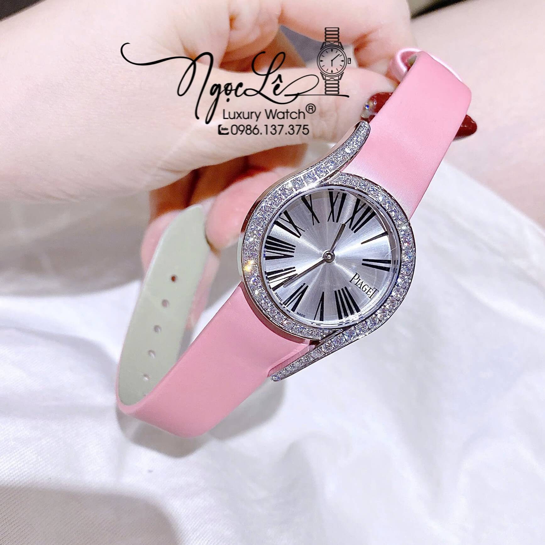 Đồng Hồ Piaget Nữ Dây Da Lụa Màu Hồng Mặt Số La Mã Đính Đá Size 32mm
