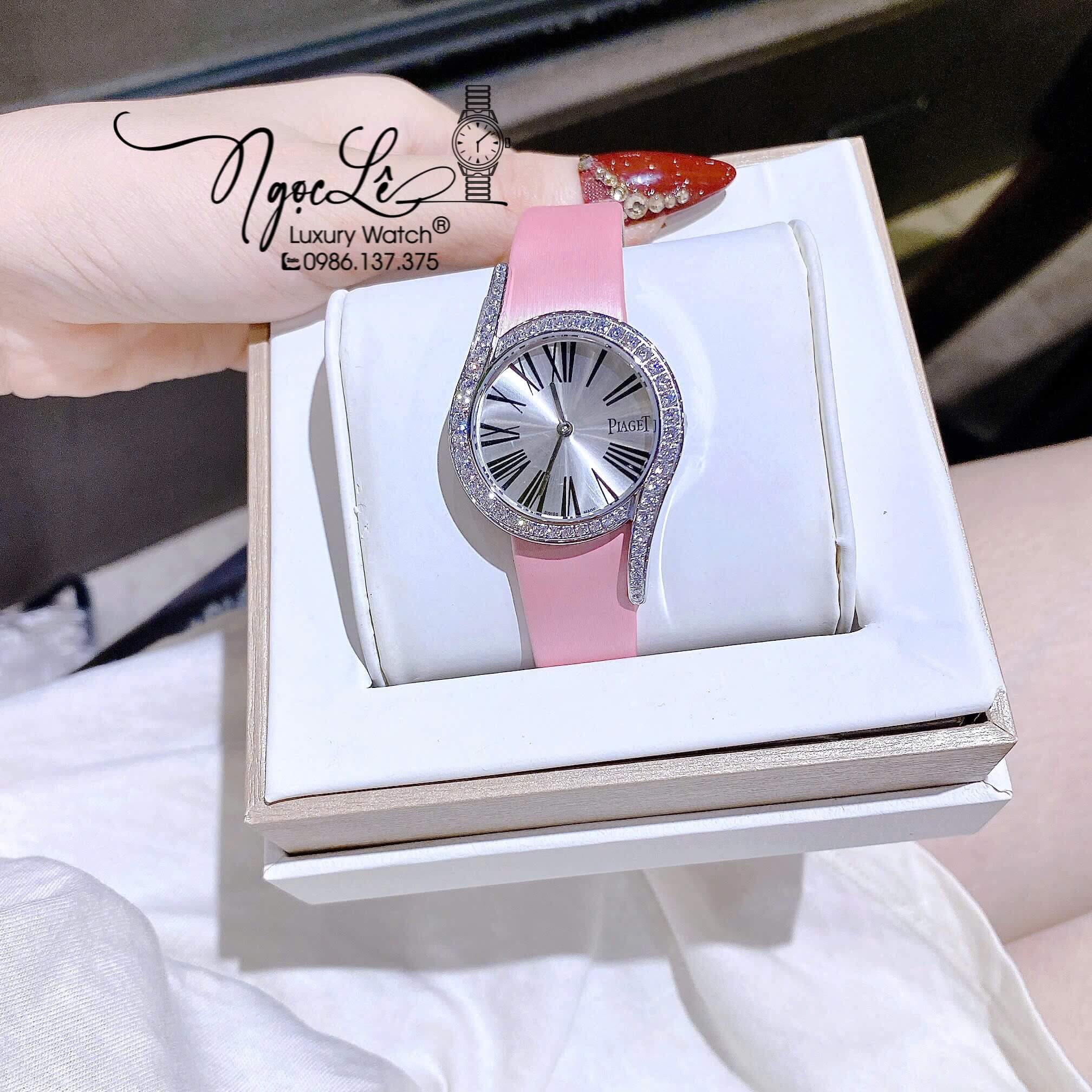 Đồng Hồ Piaget Nữ Dây Da Lụa Màu Hồng Mặt Số La Mã Đính Đá Size 32mm