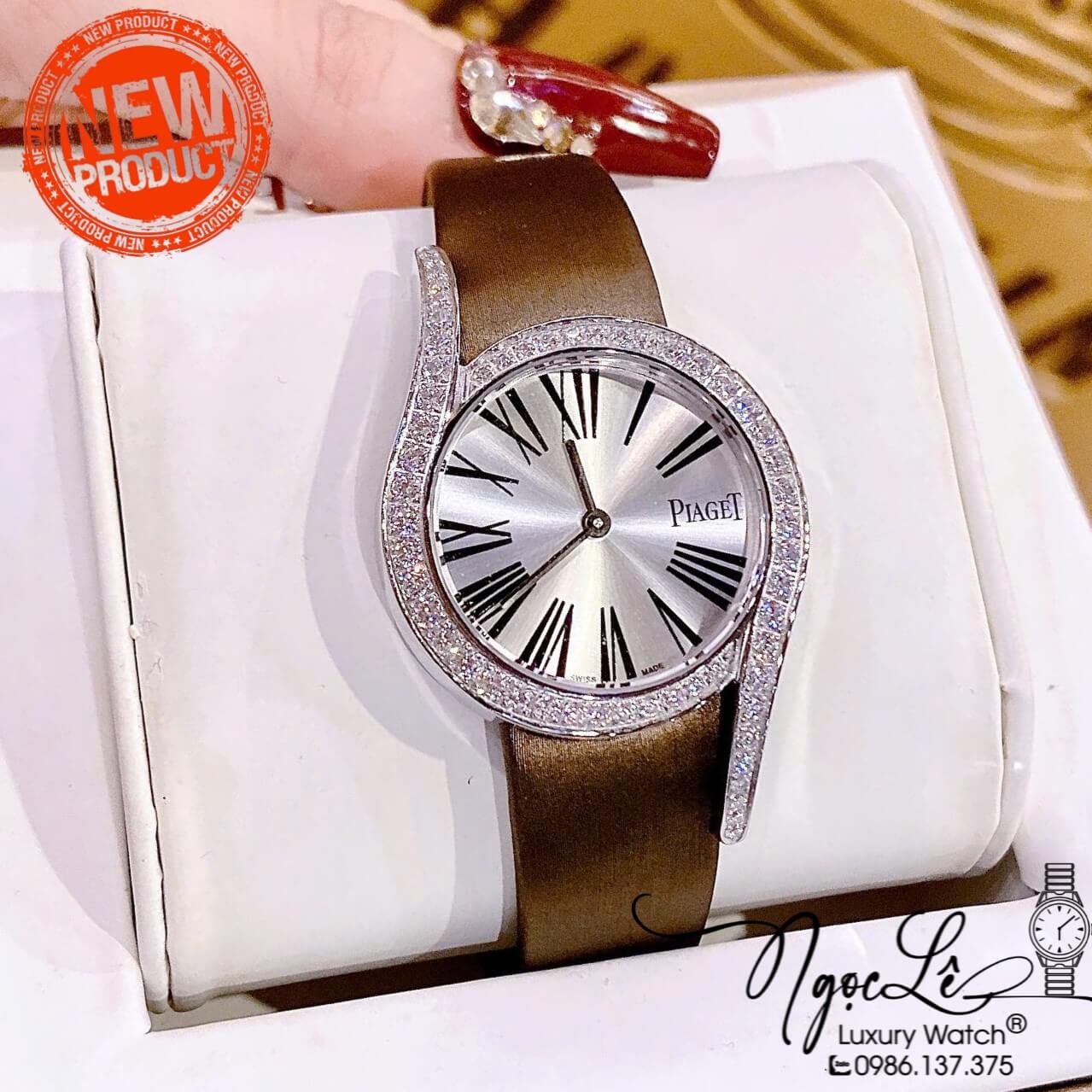 Đồng Hồ Piaget Nữ Dây Da Lụa Màu Nâu Mặt Số La Mã Đính Đá Size 32mm