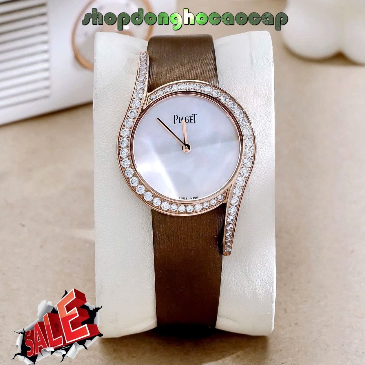 Đồng Hồ Piaget Nữ Dây Da Lụa Màu Nâu Mặt Trắng Xà Cừ Viền Đá Size 32mm - Vỏ Rose