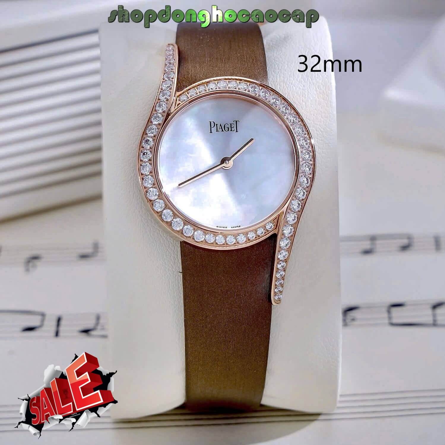 Đồng Hồ Piaget Nữ Dây Da Lụa Màu Nâu Mặt Trắng Xà Cừ Viền Đá Size 32mm - Vỏ Rose