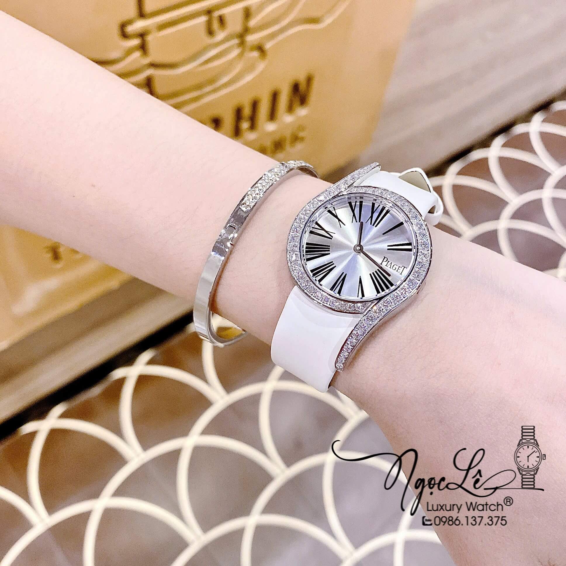 Đồng Hồ Piaget Nữ Dây Da Lụa Màu Trắng Mặt Số La Mã Đính Đá Size 32mm