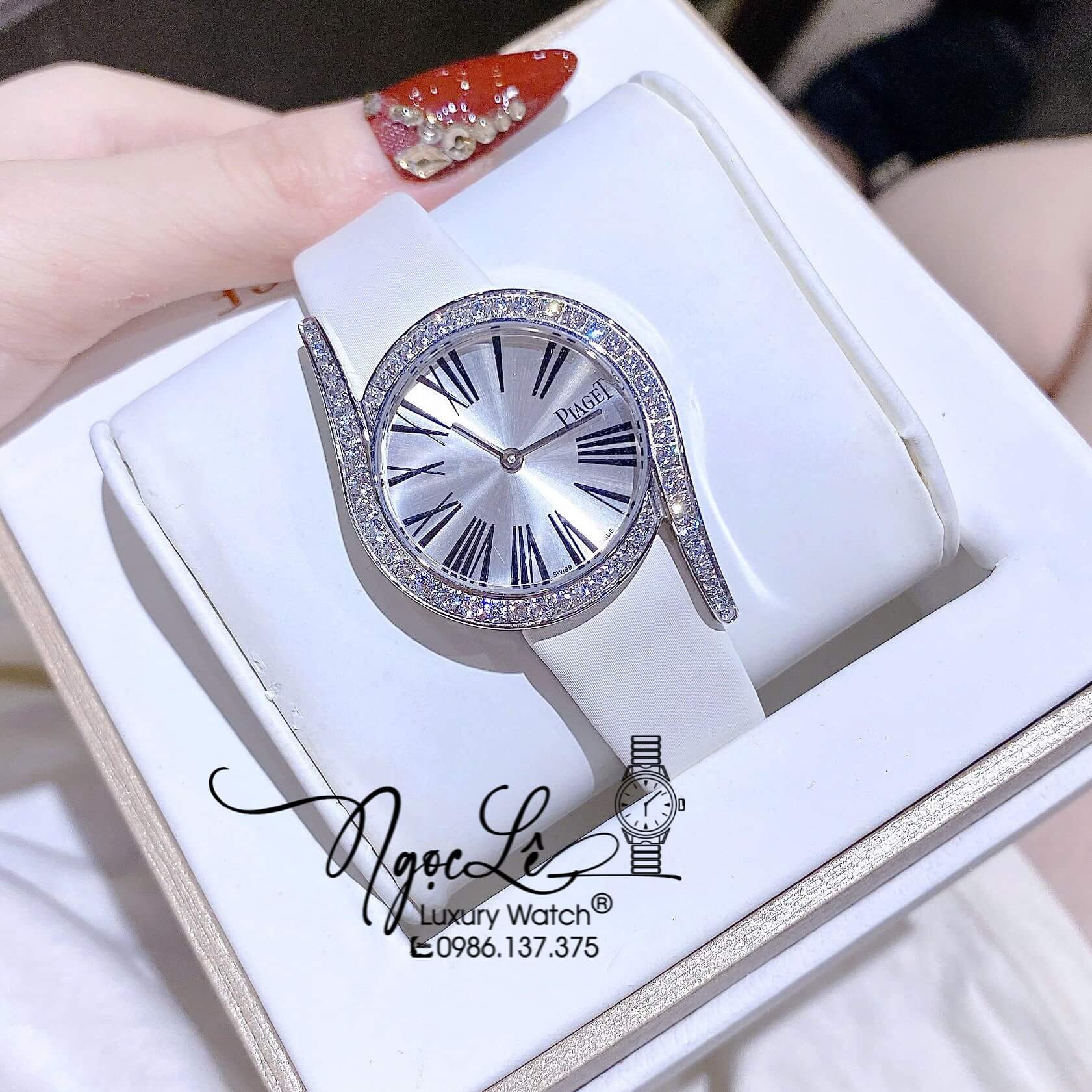 Đồng Hồ Piaget Nữ Dây Da Lụa Màu Trắng Mặt Số La Mã Đính Đá Size 32mm