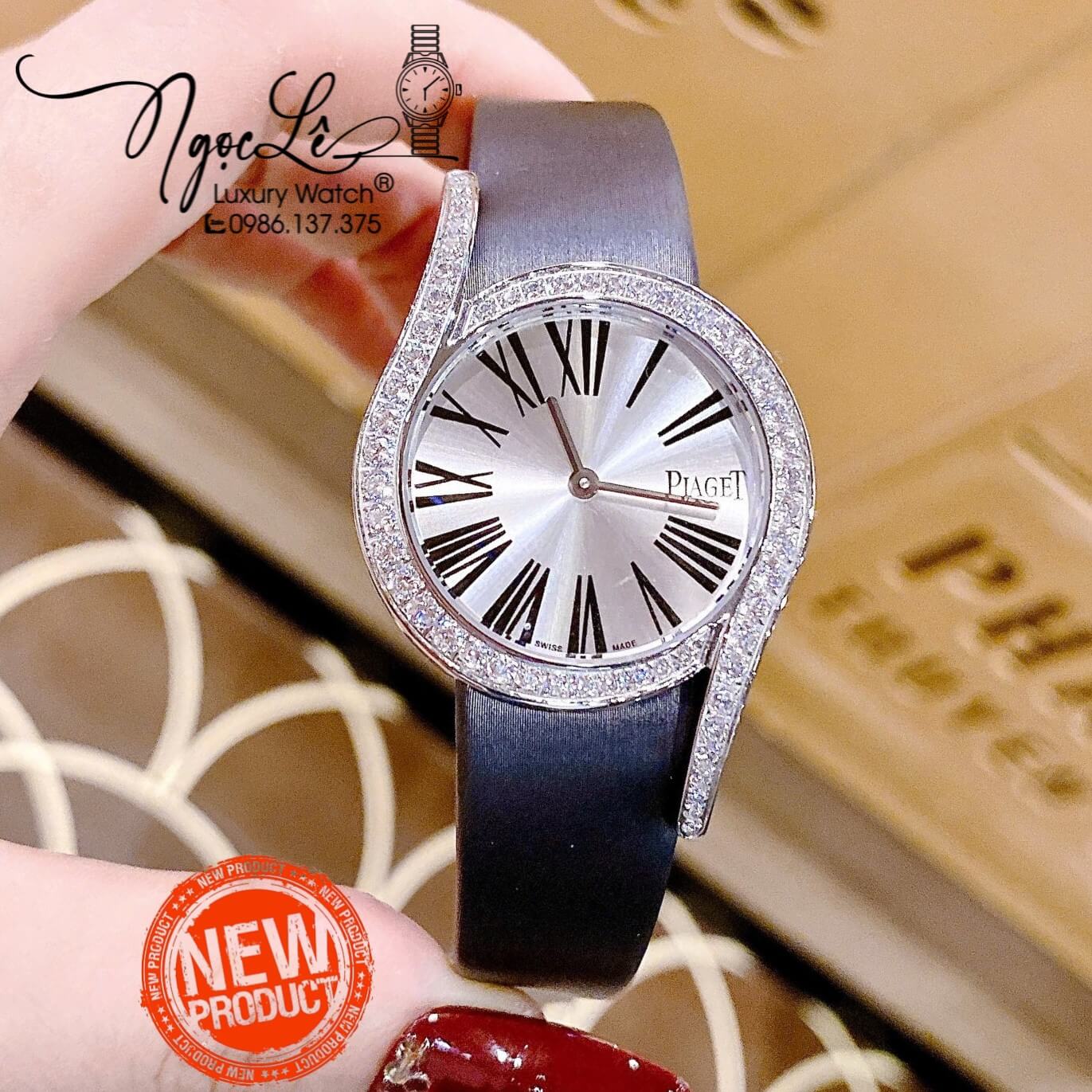 Đồng Hồ Piaget Nữ Dây Da Lụa Màu Xám Grey Mặt Số La Mã Đính Đá Size 32mm