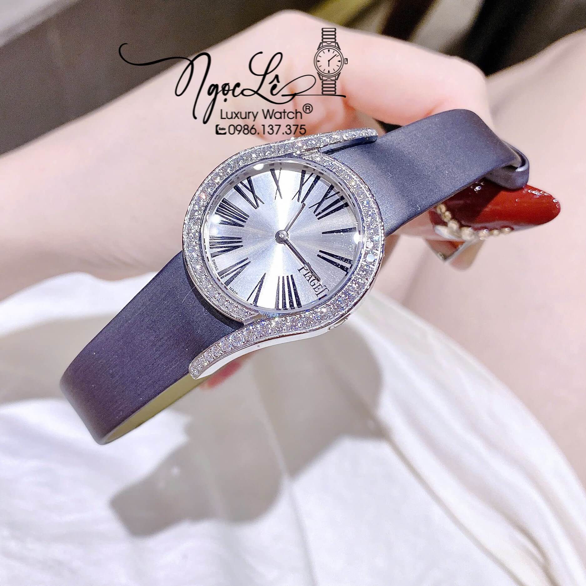 Đồng Hồ Piaget Nữ Dây Da Lụa Màu Xám Grey Mặt Số La Mã Đính Đá Size 32mm