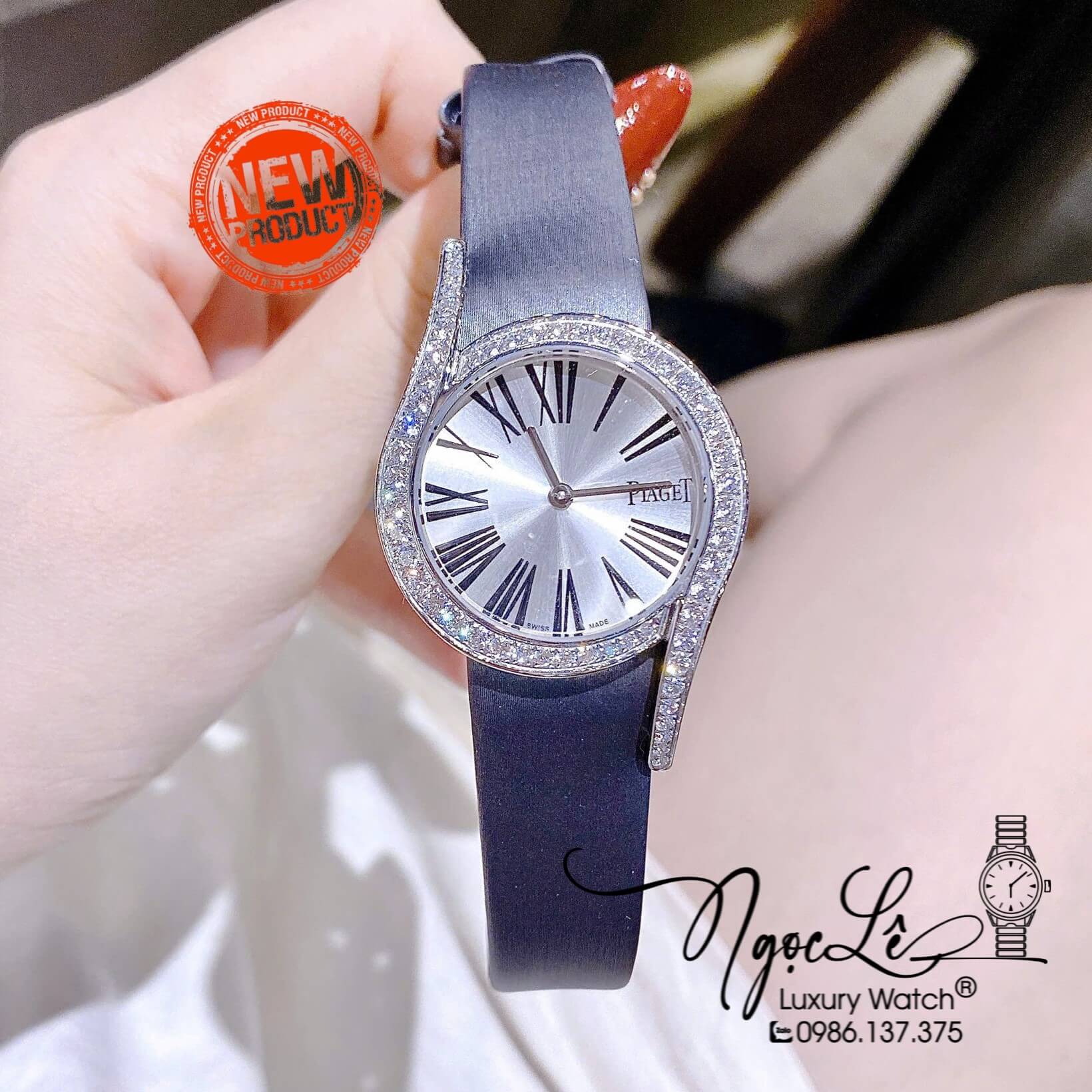 Đồng Hồ Piaget Nữ Dây Da Lụa Màu Xám Grey Mặt Số La Mã Đính Đá Size 32mm