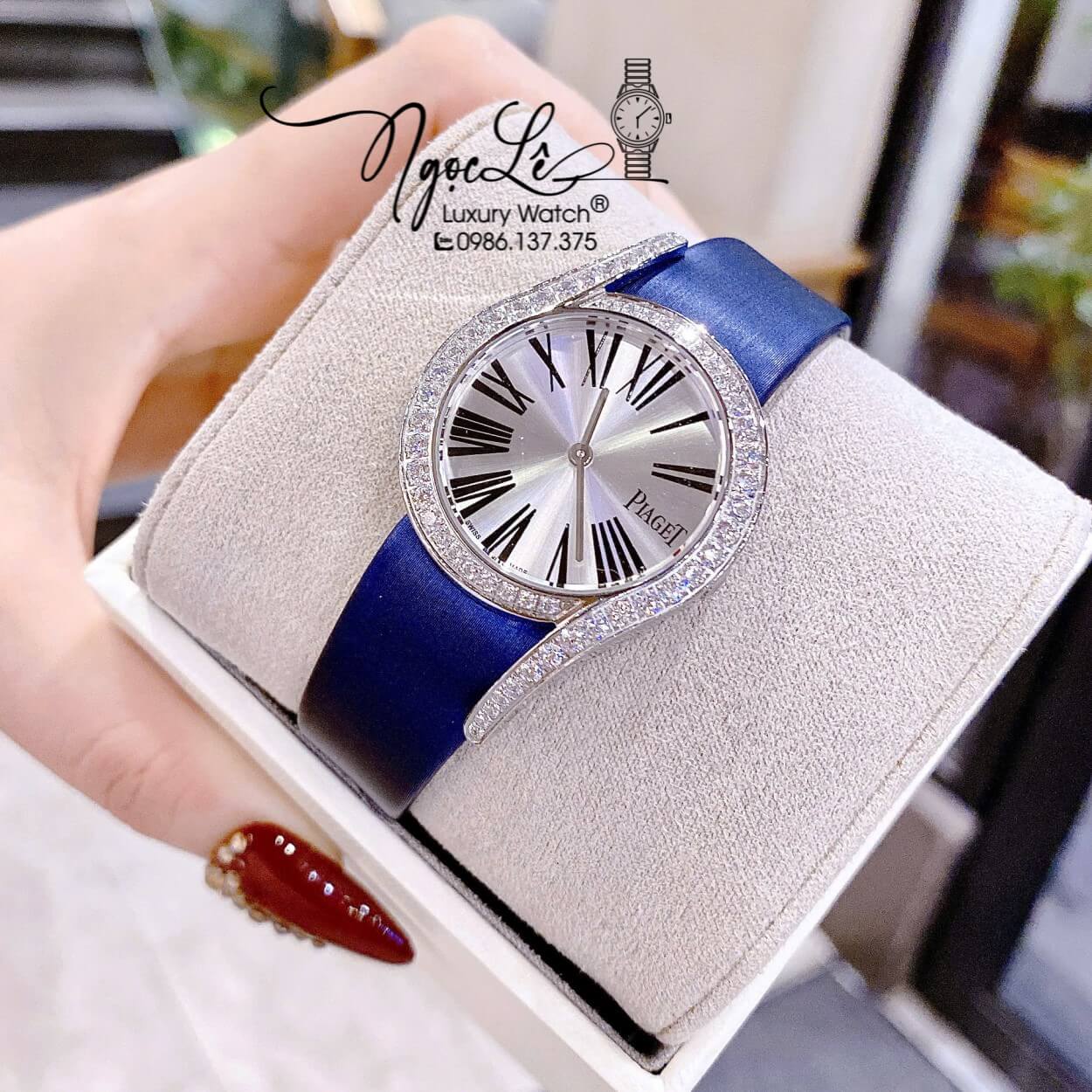 Đồng Hồ Piaget Nữ Dây Da Xanh Dương Mặt Số La Mã Đính Đá Size 32mm