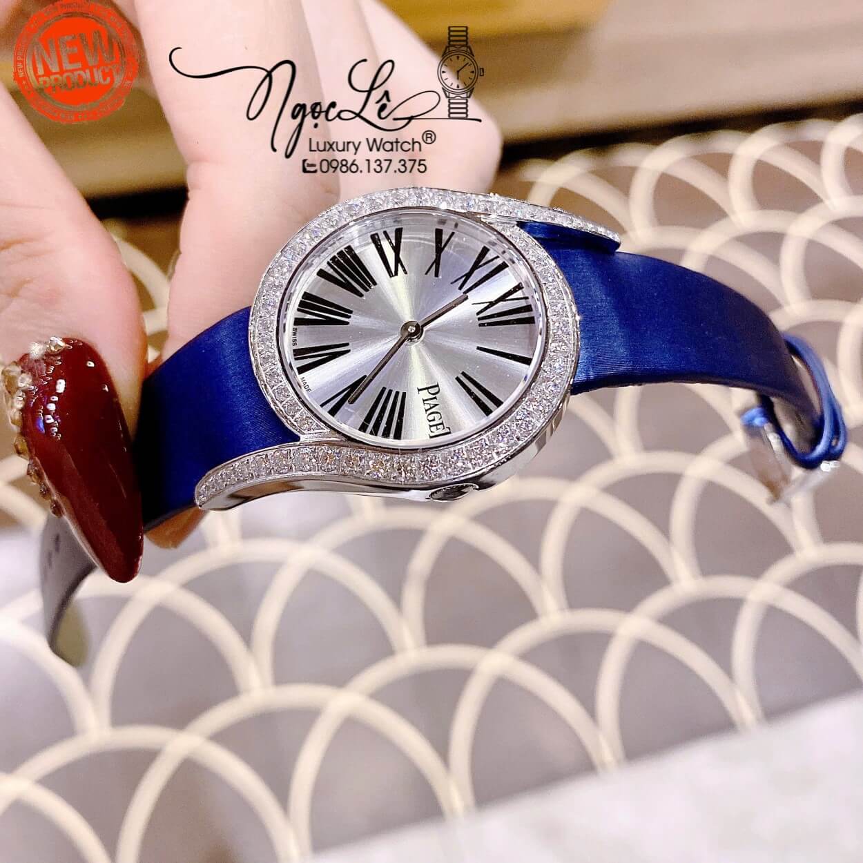Đồng Hồ Piaget Nữ Dây Da Xanh Dương Mặt Số La Mã Đính Đá Size 32mm