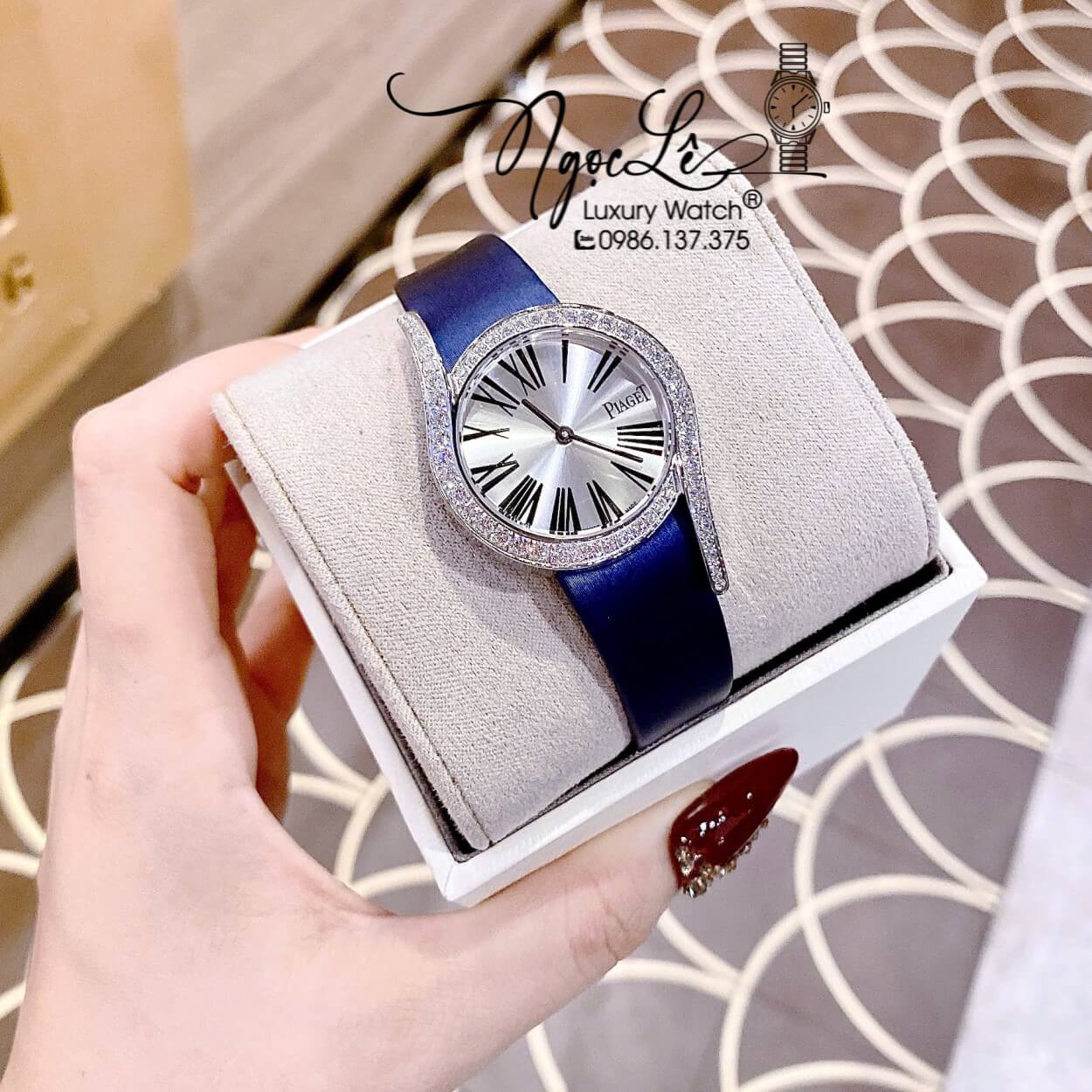Đồng Hồ Piaget Nữ Dây Da Xanh Dương Mặt Số La Mã Đính Đá Size 32mm