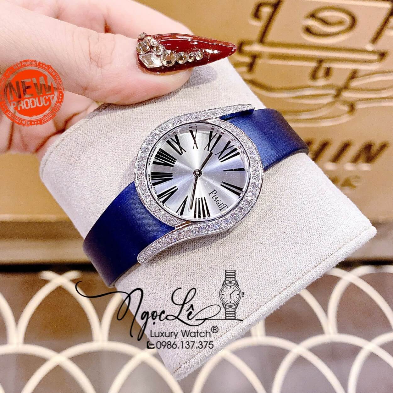 Đồng Hồ Piaget Nữ Dây Da Xanh Dương Mặt Số La Mã Đính Đá Size 32mm
