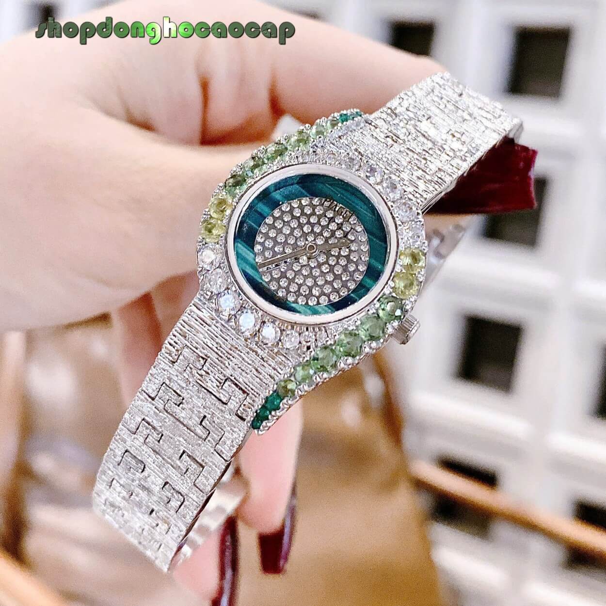 Đồng Hồ Piaget Nữ Dây Kim Loại Mesh Silver Viền Đá Xanh Ngọc Size 26mm - Máy Pin