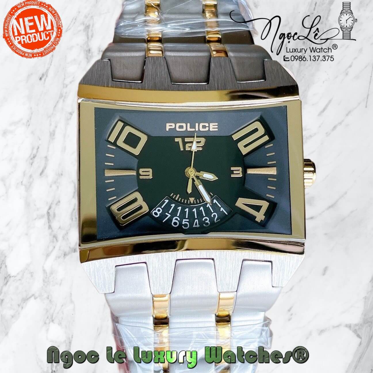 Đồng Hồ Police Nam Mặt Vuông Dây Kim Loại Demi Vàng Mặt Đen Size 42mm