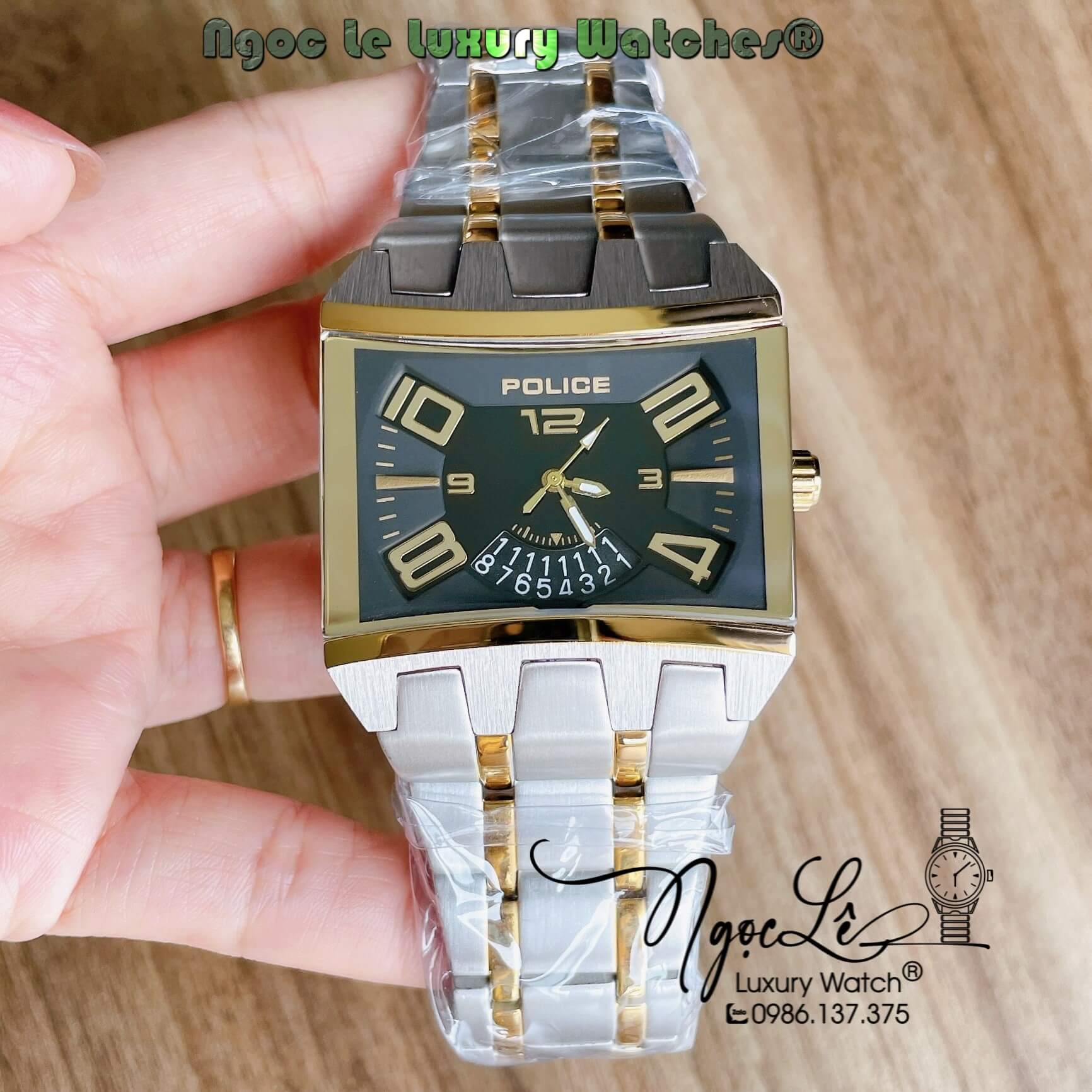 Đồng Hồ Police Nam Mặt Vuông Dây Kim Loại Demi Vàng Mặt Đen Size 42mm