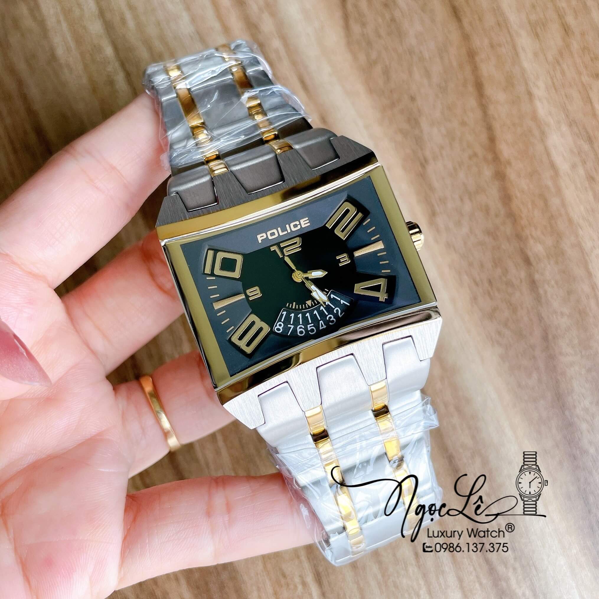 Đồng Hồ Police Nam Mặt Vuông Dây Kim Loại Demi Vàng Mặt Đen Size 42mm