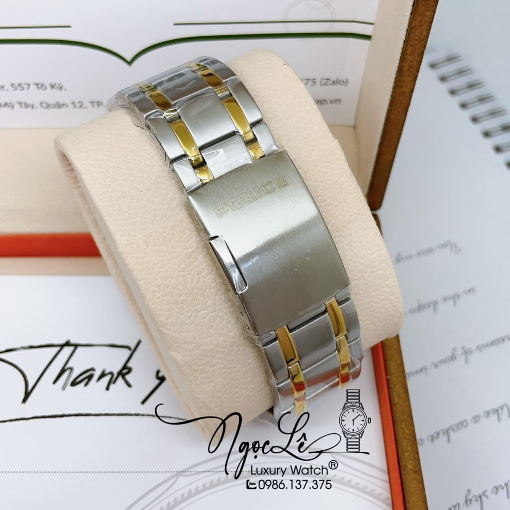 Đồng Hồ Police Nam Mặt Vuông Dây Kim Loại Demi Vàng Mặt Đen Size 42mm