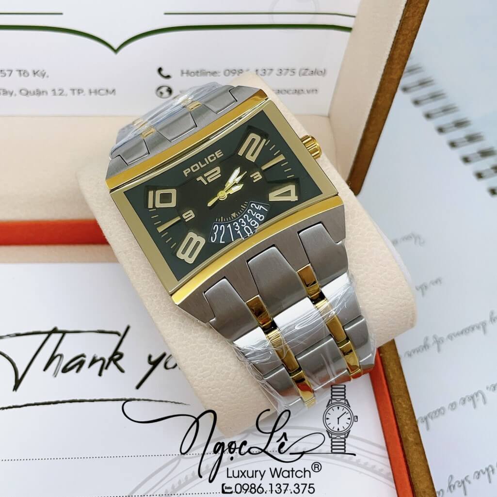 Đồng Hồ Police Nam Dây Kim Loại Demi Mặt Đen Vuông Size 42mm - Máy Quartz