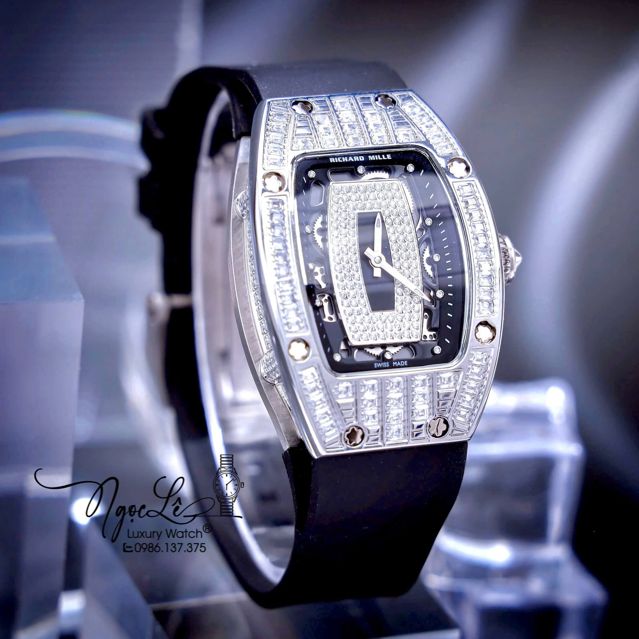 Đồng Hồ Nữ Richard Mille Dây Cao Su Đen Siêu Cấp Đính Đá Máy Pin Thụy Sĩ