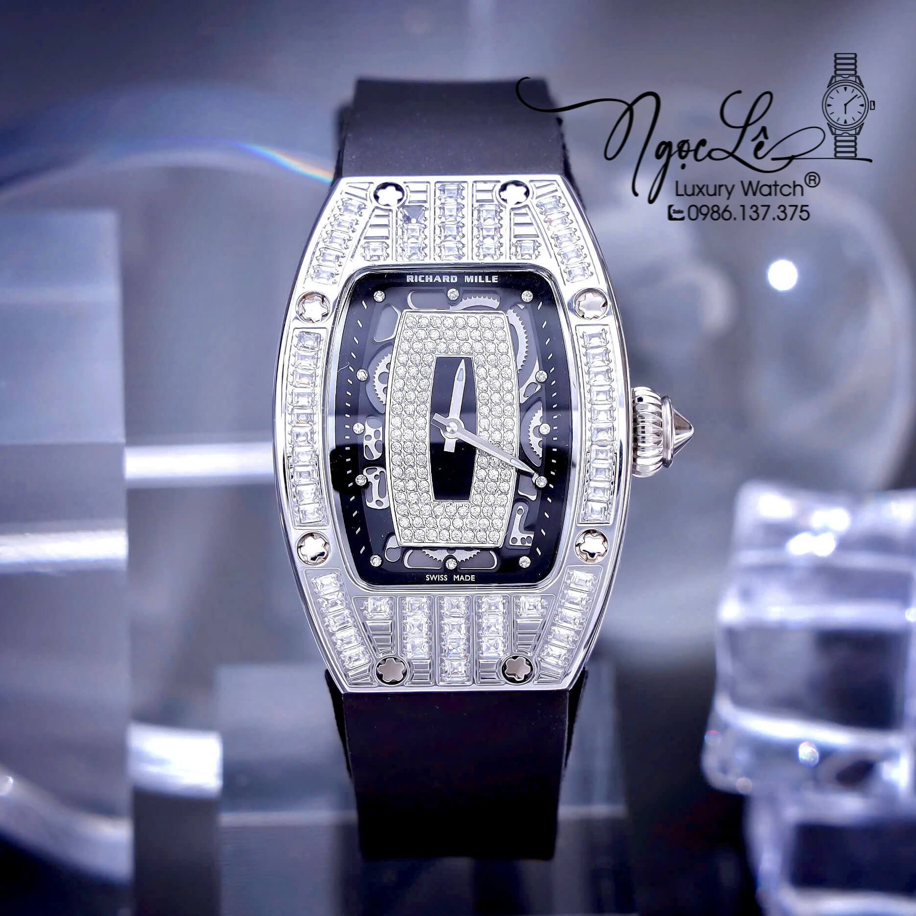 Đồng Hồ Nữ Richard Mille Dây Cao Su Đen Siêu Cấp Đính Đá Máy Pin Thụy Sĩ Size 39mm