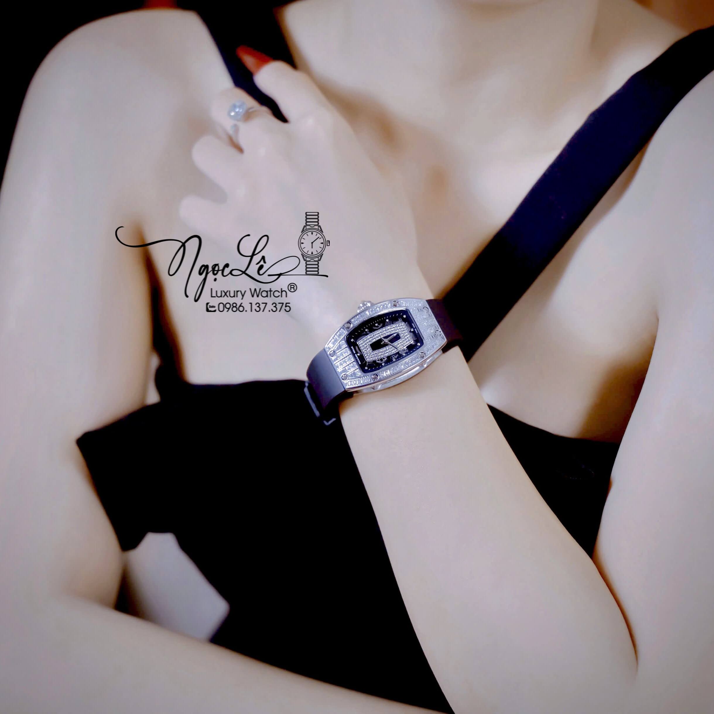 Đồng Hồ Nữ Richard Mille Dây Cao Su Đen Siêu Cấp Đính Đá Máy Pin Thụy Sĩ