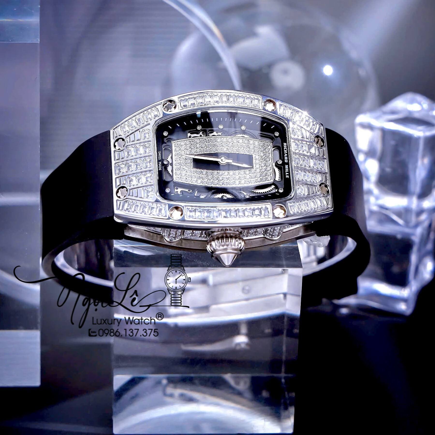 Đồng Hồ Nữ Richard Mille Dây Cao Su Đen Siêu Cấp Đính Đá Máy Pin Thụy Sĩ