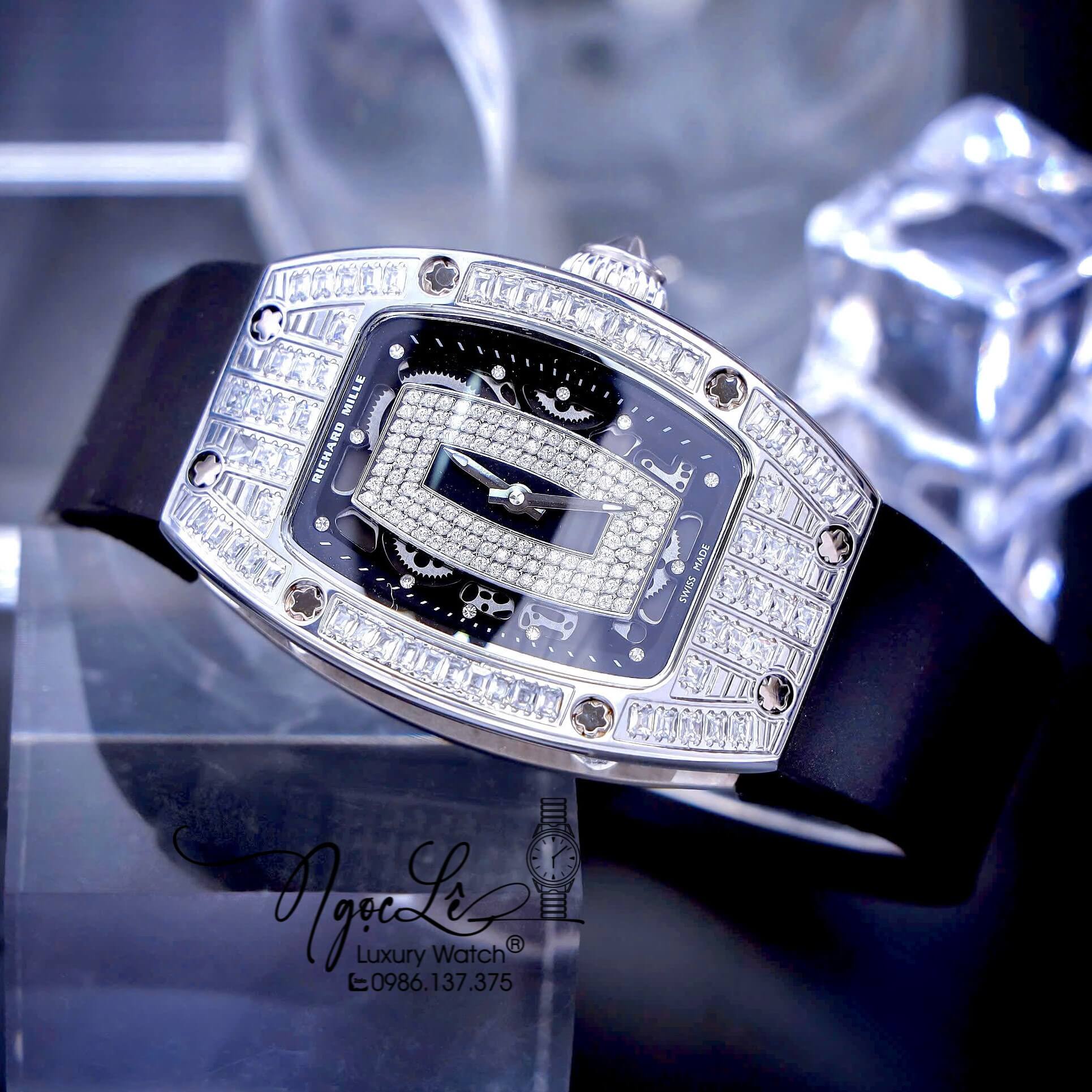 Đồng Hồ Nữ Richard Mille Dây Cao Su Đen Siêu Cấp Đính Đá Máy Pin Thụy Sĩ