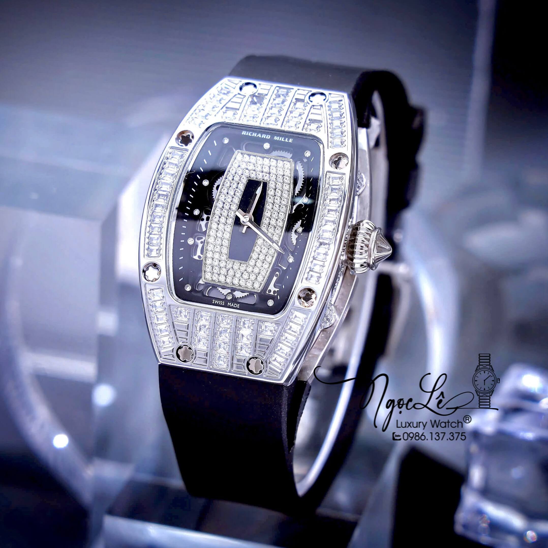 Đồng Hồ Nữ Richard Mille Dây Cao Su Đen Siêu Cấp Đính Đá Máy Pin Thụy Sĩ