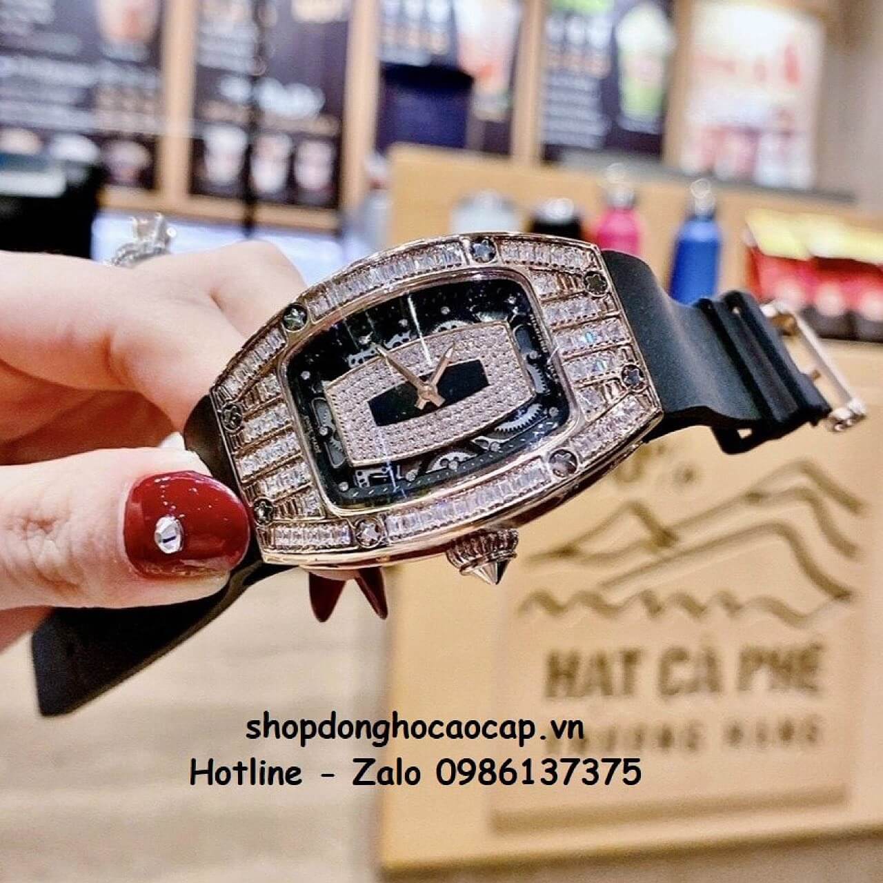 Đồng Hồ Richard Mille Nữ Siêu Cấp Máy Pin Silicon Đen Rose Lõi Đen