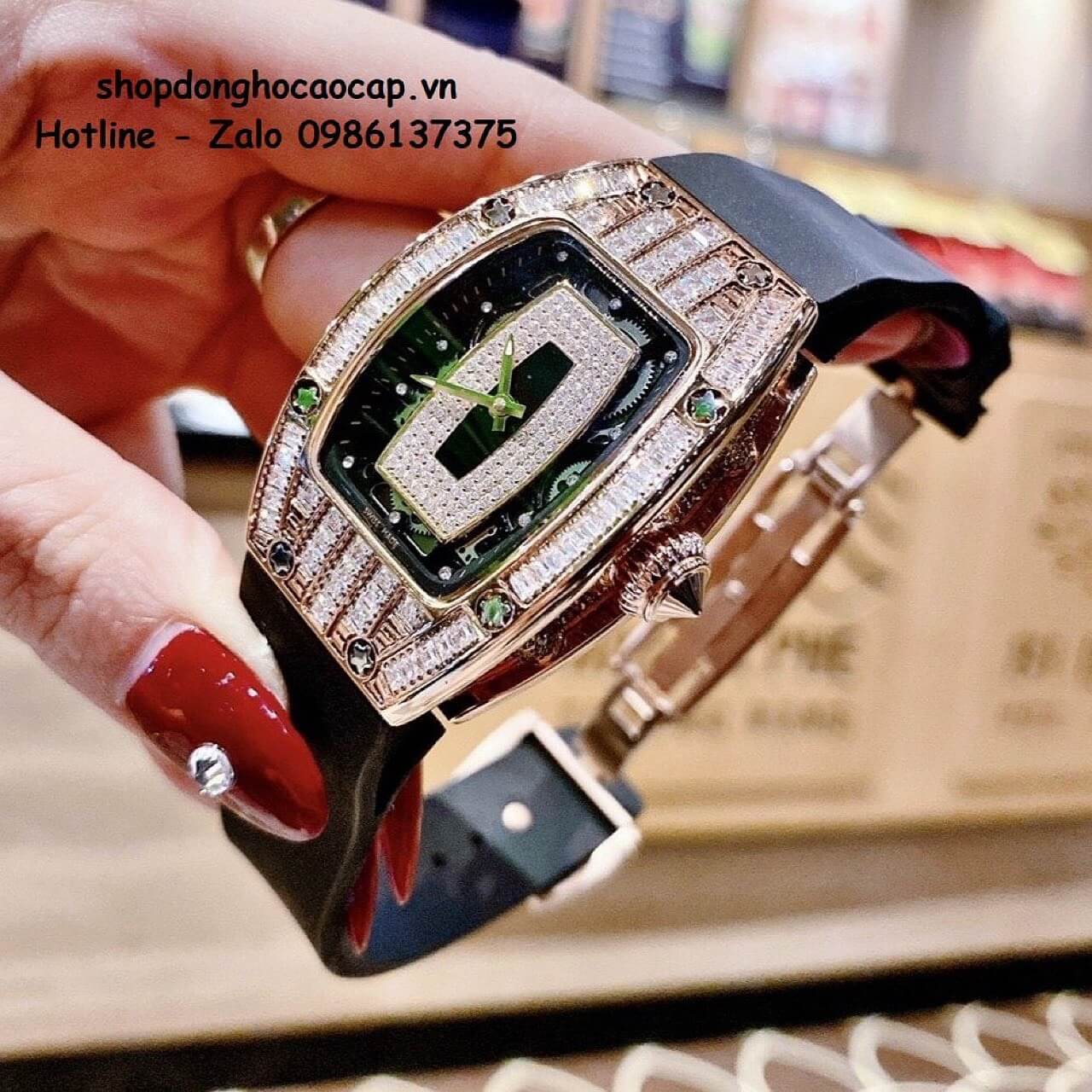 Đồng Hồ Richard Mille Nữ Siêu Cấp Máy Pin Silicon Đen Rose Lõi Đen