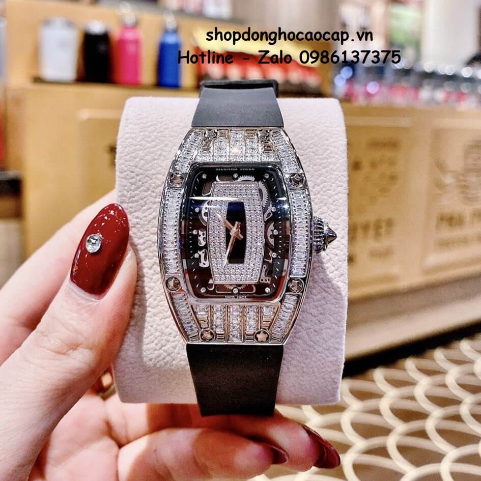 Đồng Hồ Richard Mille Nữ Siêu Cấp Máy Pin Silicon Đen Silver