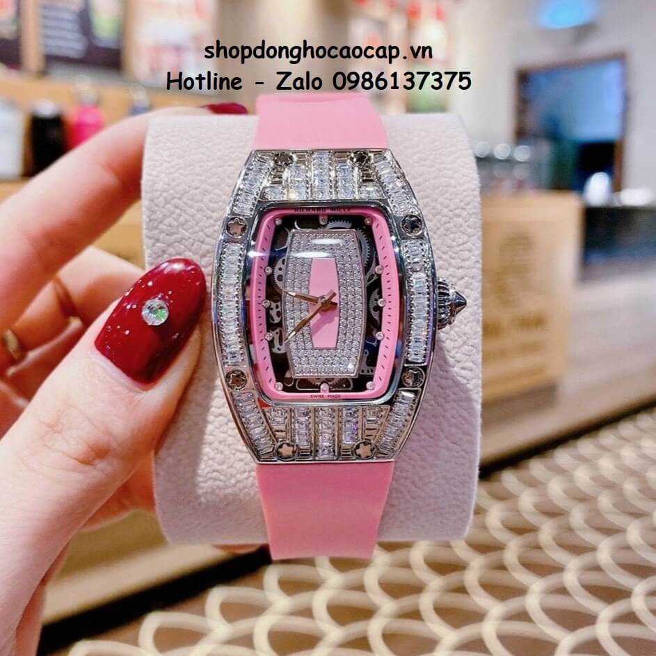 Đồng Hồ Richard Mille Nữ Siêu Cấp Máy Pin Silicon Hồng Silver