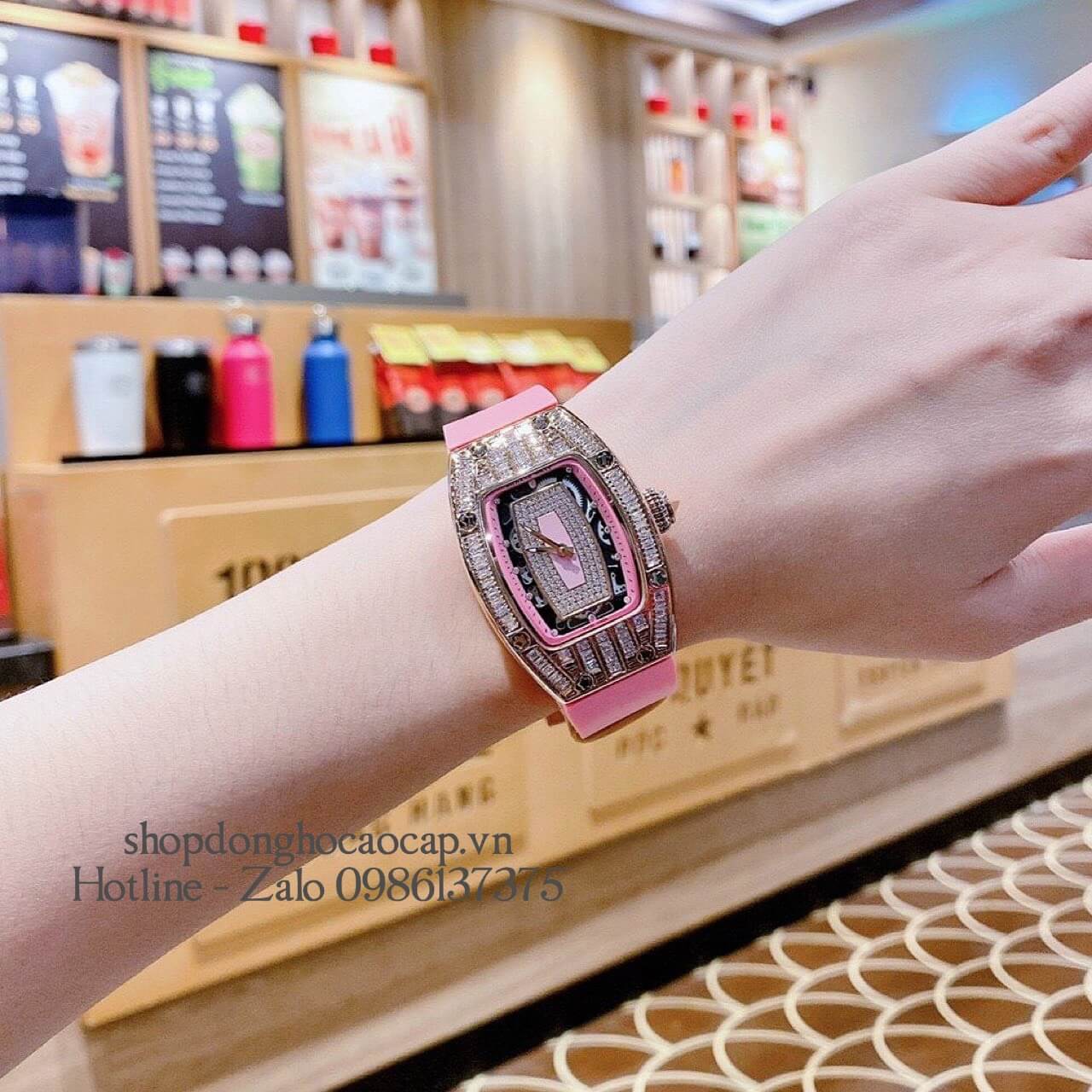 Đồng Hồ Richard Mille Nữ Siêu Cấp Máy Pin Silicon Hồng Rose