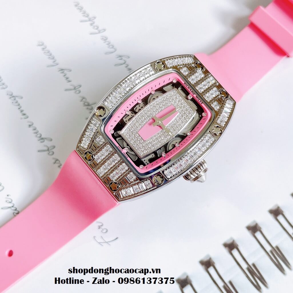 Đồng Hồ Richard Mille Nữ Siêu Cấp Dây Silicon Hồng Đính Đá 37mm