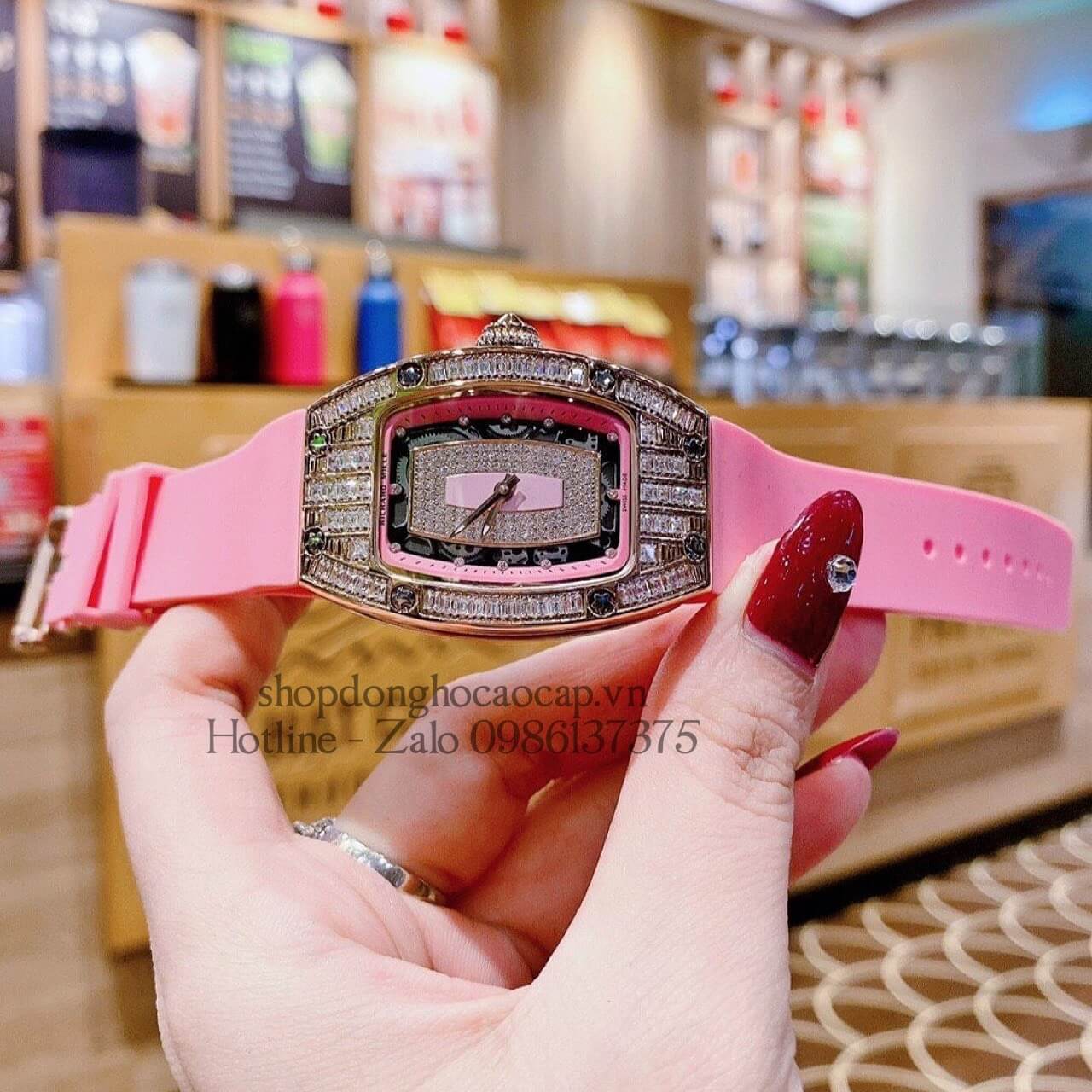 Đồng Hồ Richard Mille Nữ Siêu Cấp Máy Pin Silicon Hồng Rose