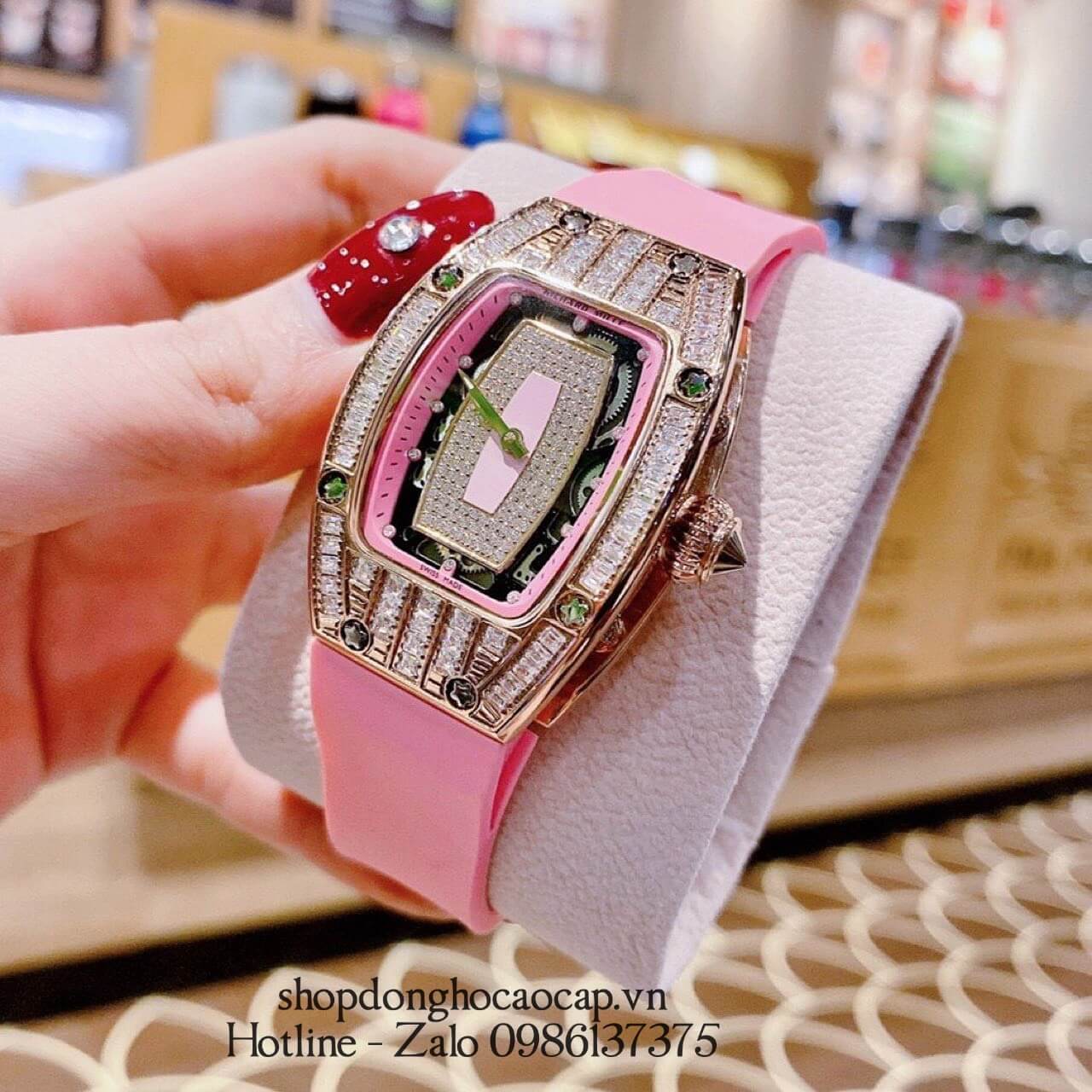 Đồng Hồ Richard Mille Nữ Siêu Cấp Máy Pin Silicon Hồng Rose