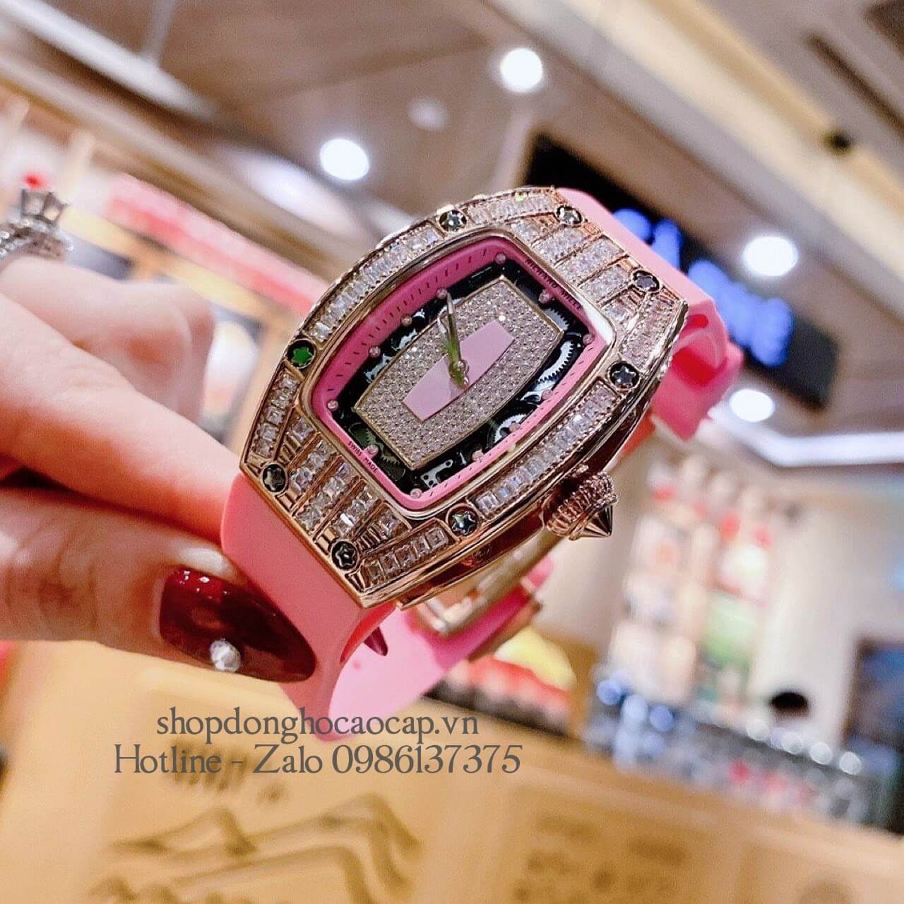 Đồng Hồ Richard Mille Nữ Siêu Cấp Máy Pin Silicon Hồng Rose