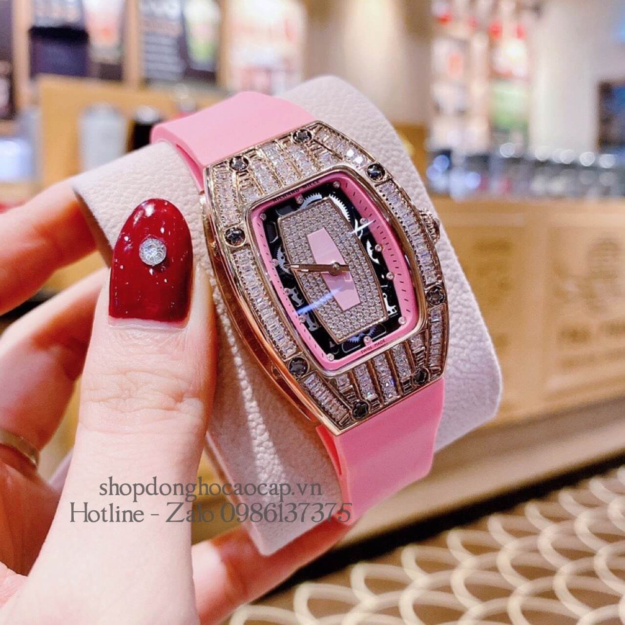 Đồng Hồ Richard Mille Nữ Siêu Cấp Máy Pin Silicon Hồng Rose