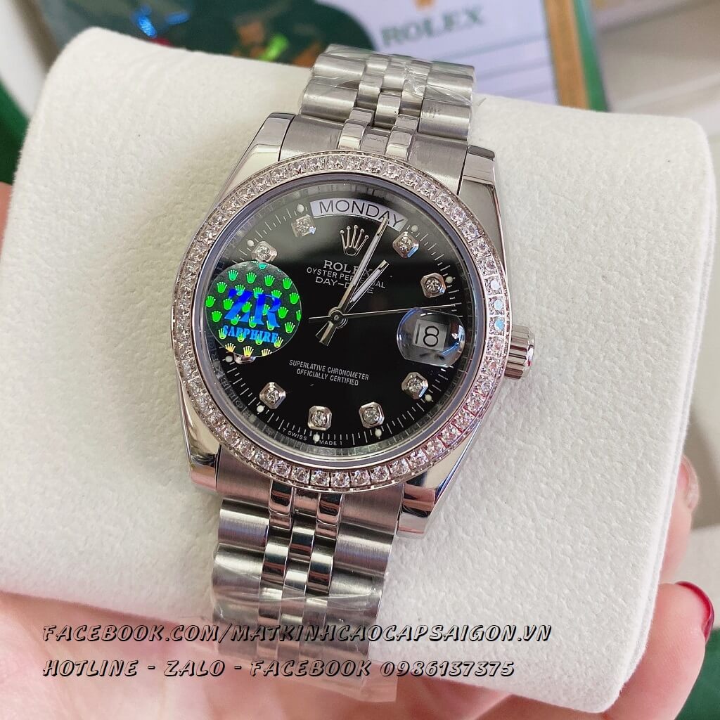 Đồng Hồ Rolex Oyster Datejust Automatic Bạc Mặt Đen 36mm Đính Đá