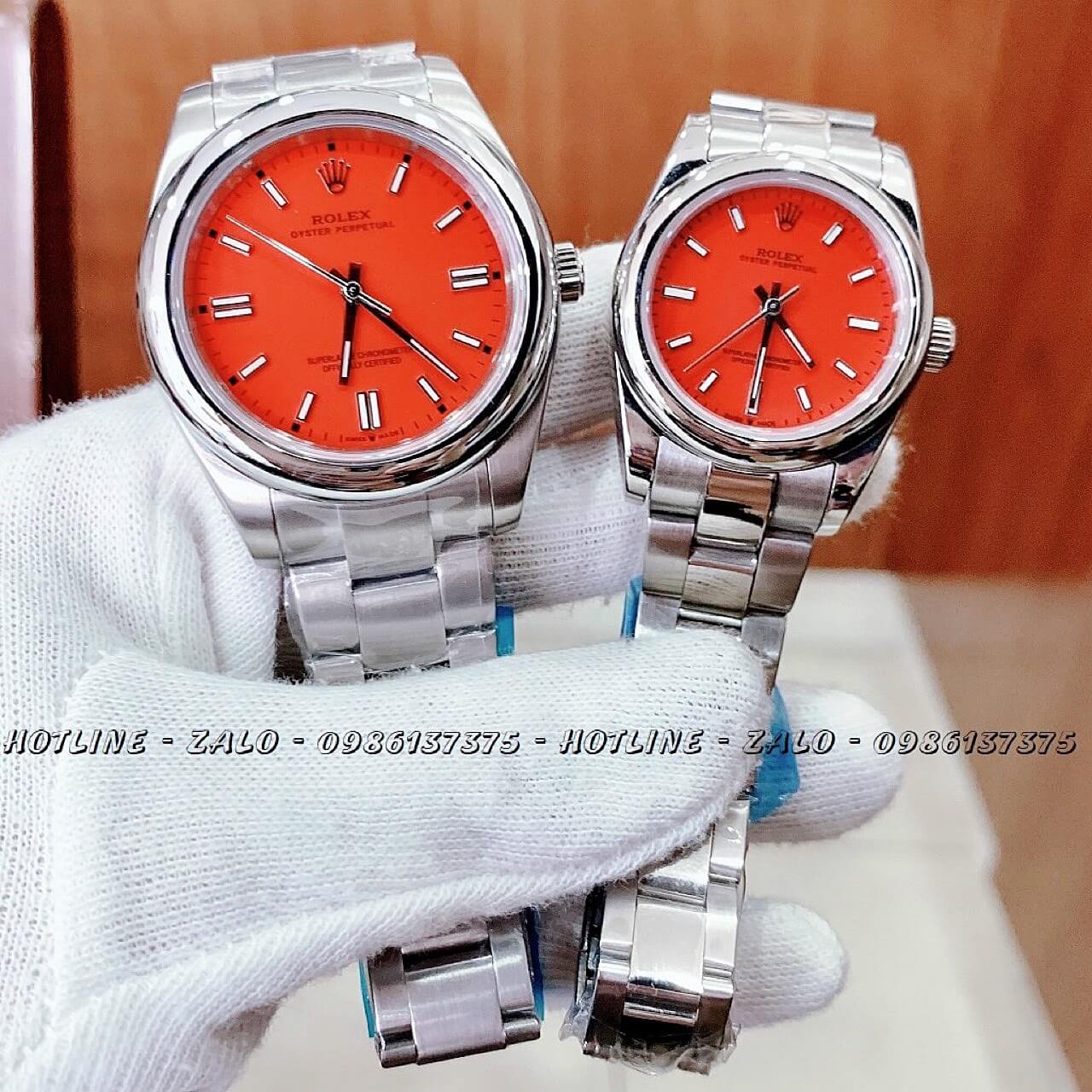 Đồng Hồ Rolex Automatic Cặp Đôi Siêu Cấp Bạc Mặt Đỏ 40mm - 30mm