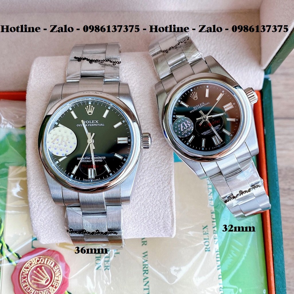 Đồng Hồ Rolex Cặp Automatic Dây Bạc Mặt Đen 36mm-32mm