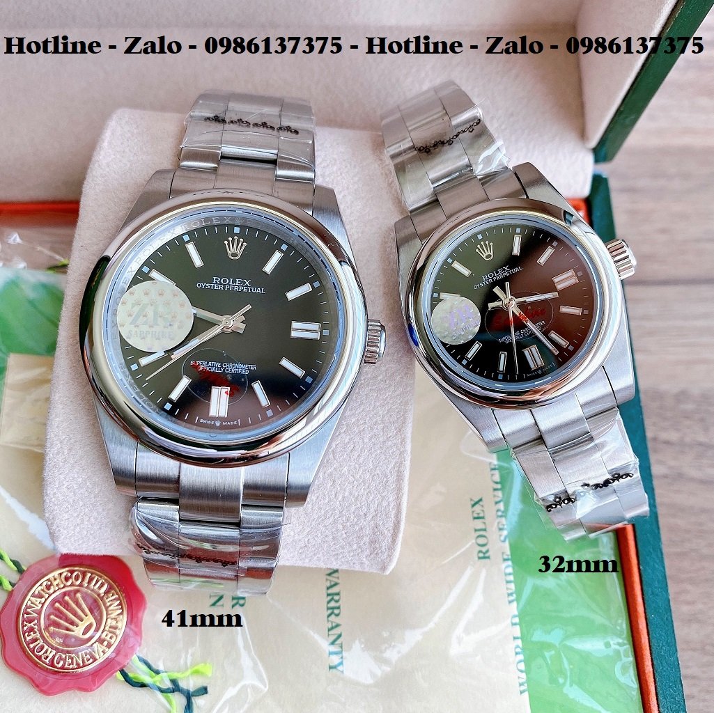 Đồng Hồ Rolex Cặp Automatic Dây Bạc Mặt Đen 41mm-32mm