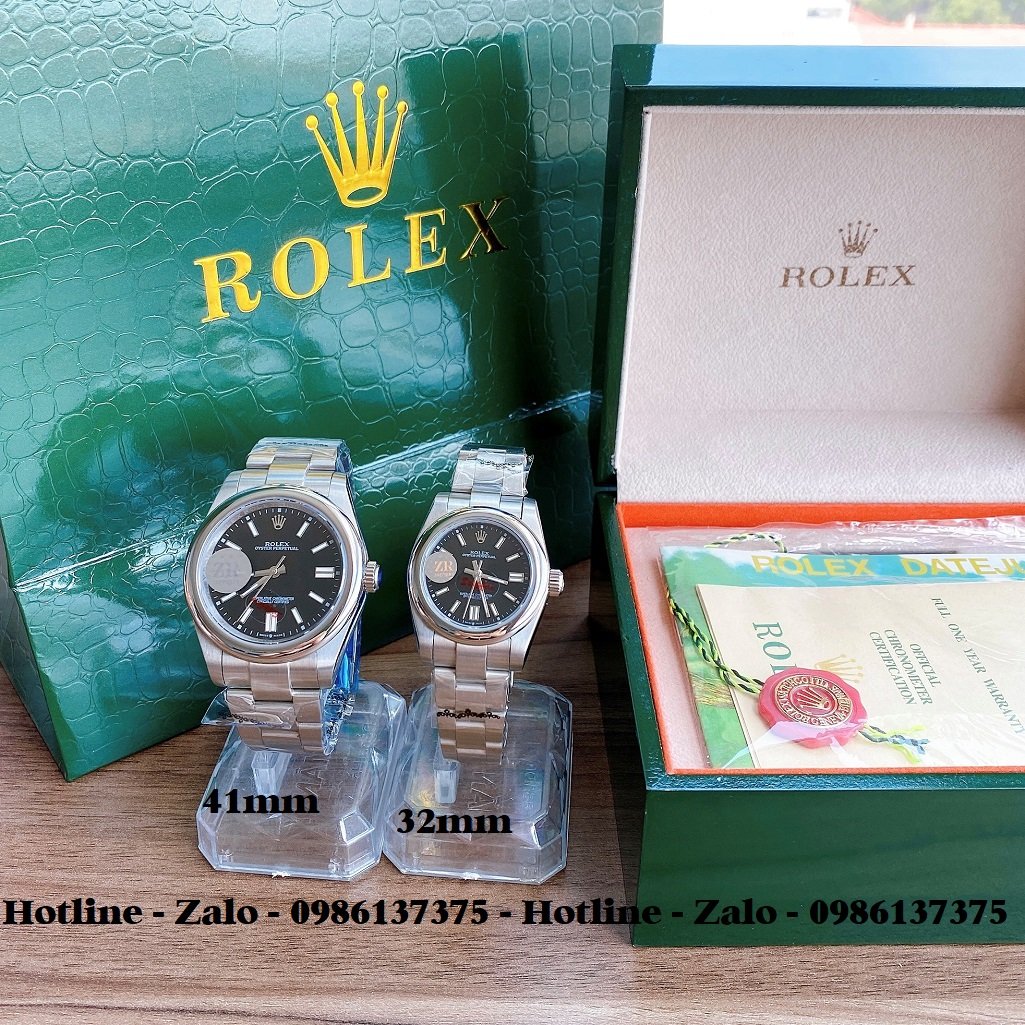 Đồng Hồ Rolex Cặp Automatic Dây Bạc Mặt Đen 41mm-32mm