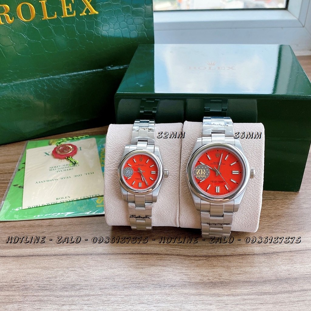 Đồng Hồ Rolex Cặp Automatic Dây Bạc Mặt Đỏ 36mm-32mm