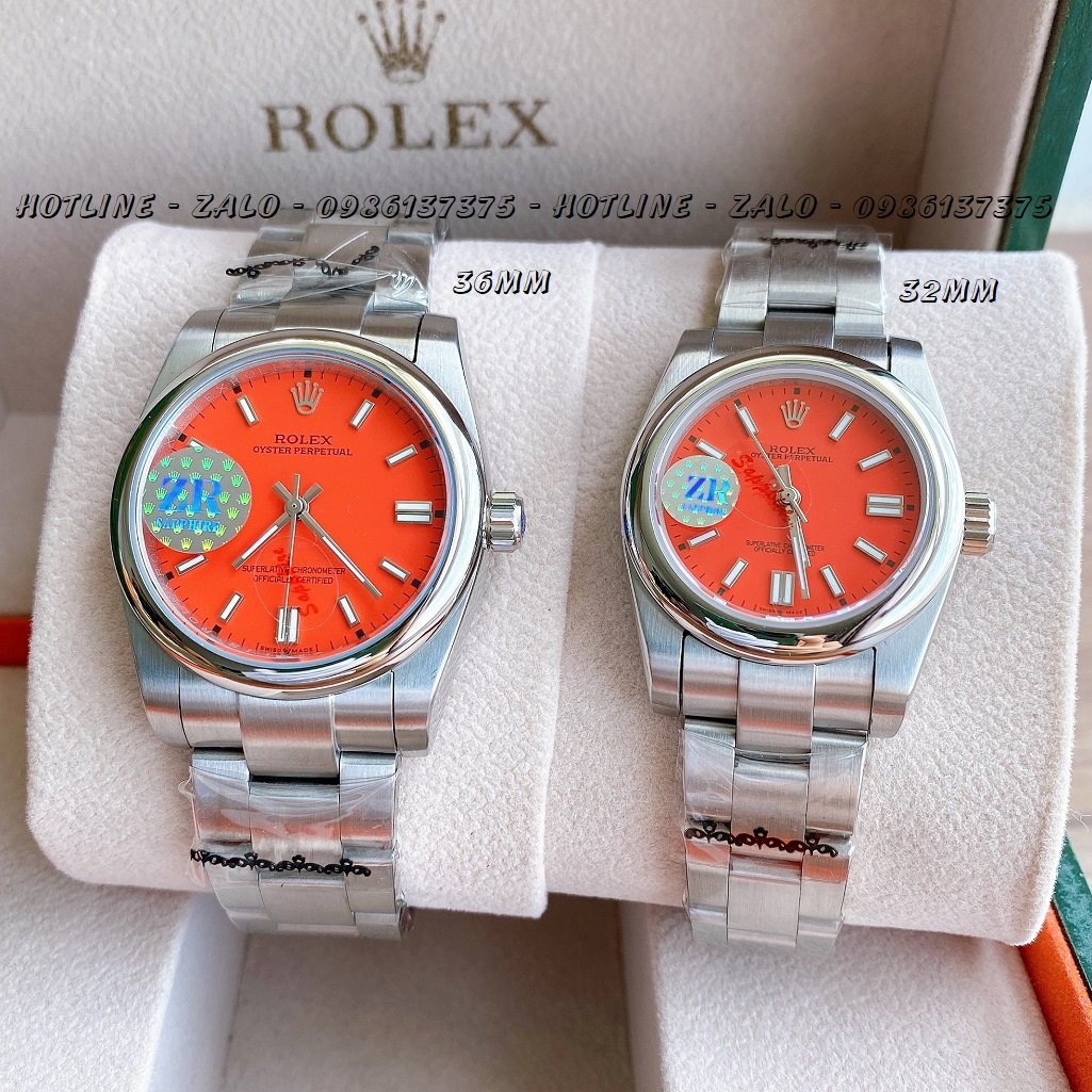 Đồng Hồ Rolex Cặp Automatic Dây Bạc Mặt Đỏ 36mm-32mm