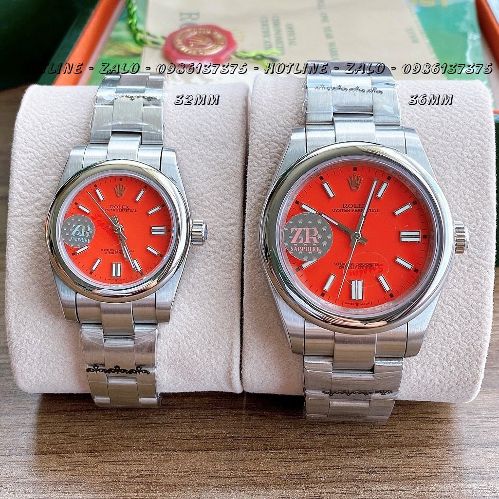 Đồng Hồ Rolex Cặp Automatic Dây Bạc Mặt Đỏ 36mm-32mm